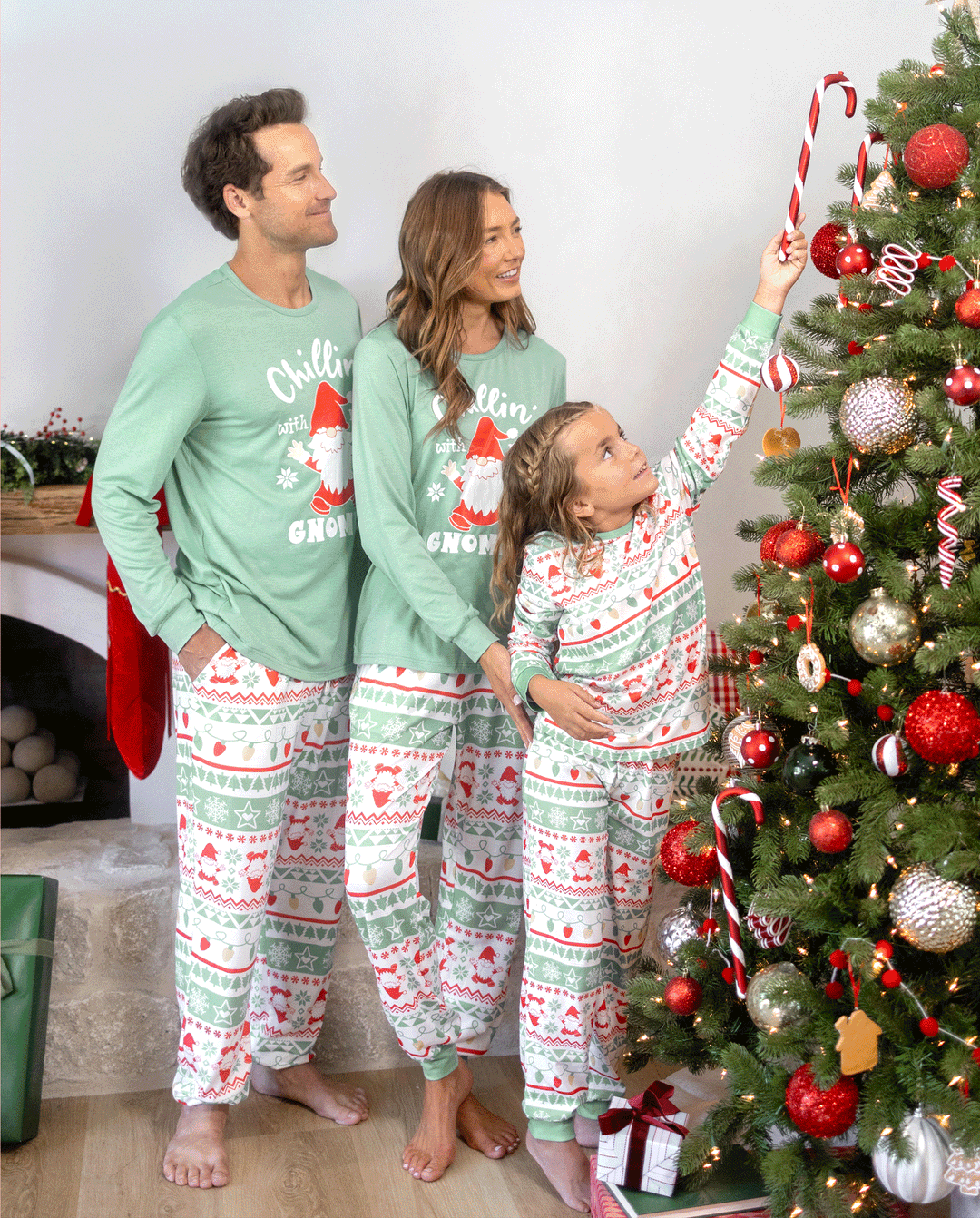Christmas Matching Family Pajamas Glow In The Dark Santa Claus Print Light Green