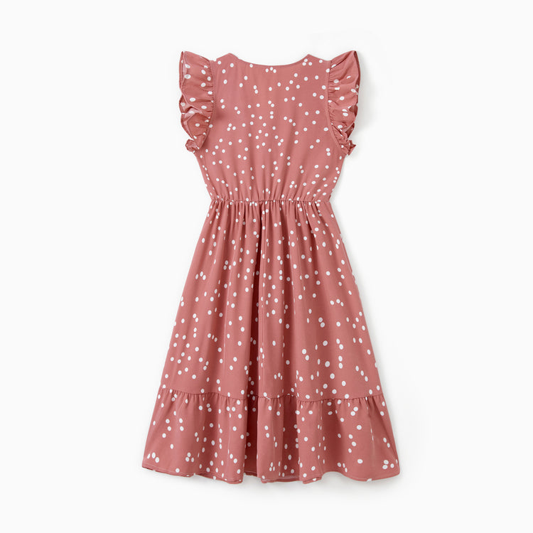 All Over Dots Pink Cross Wrap V Neck Ruffle Flutter-sleeve Dress for Mom and Me PinkyWhite