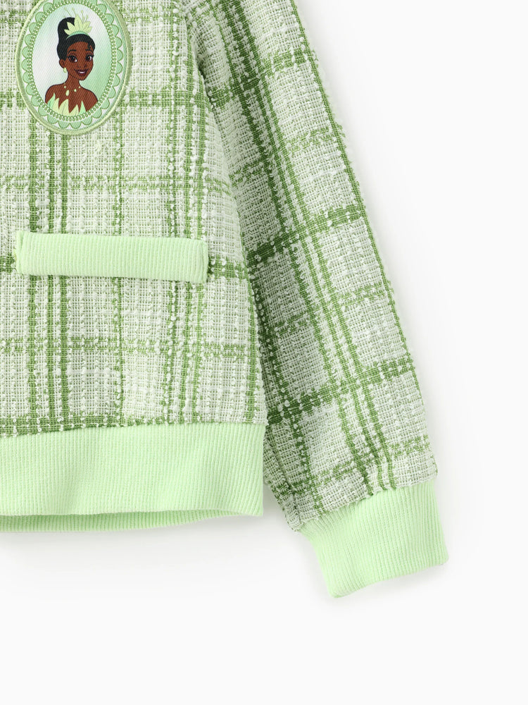 Ensemble 2 pièces princesse Disney Tiana pour petite fille, cardigan en tweed à carreaux style Preppy avec jupe, vert
