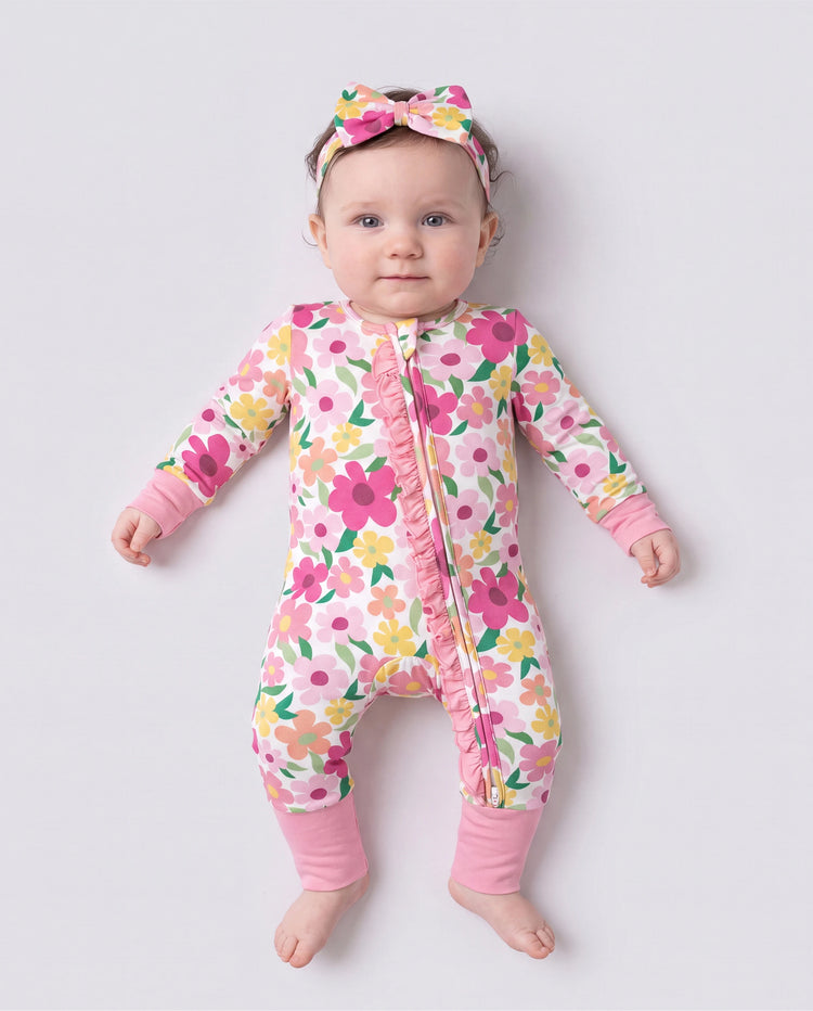 Bamboo Baby Boy/Girl Animal Printed 2-Way Zipper Anti Slip Long-sleeve Footie with/without Hairband Dark Pink