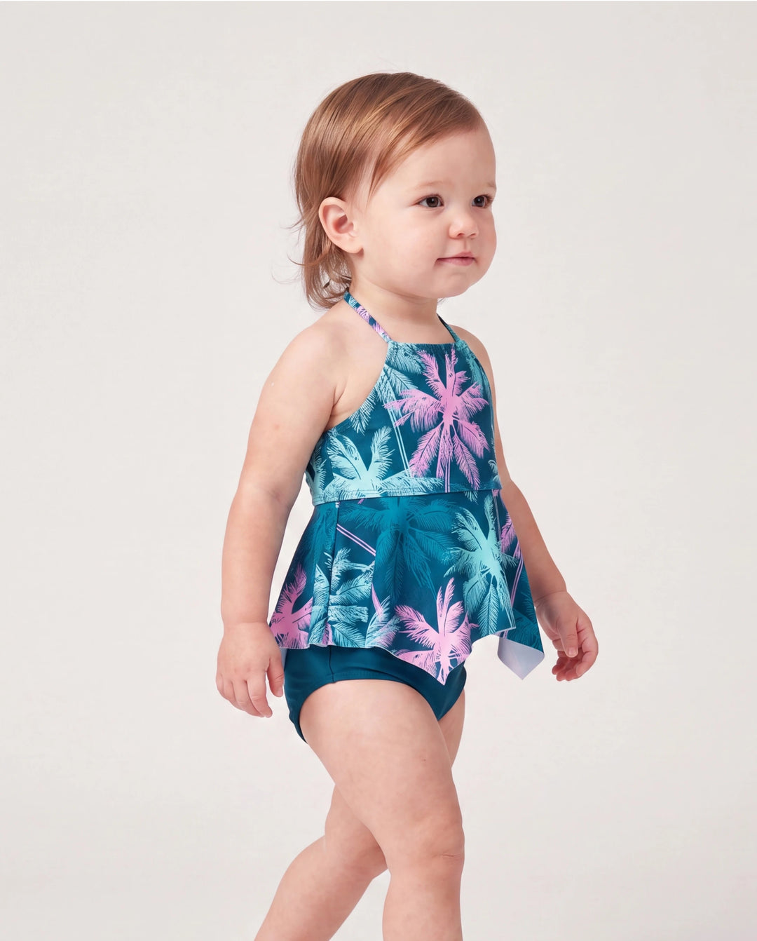 Bañador de dos piezas con volantes y estampado de palmeras tropicales para niña pequeña, ropa de baño para vacaciones en la playa Turquesa