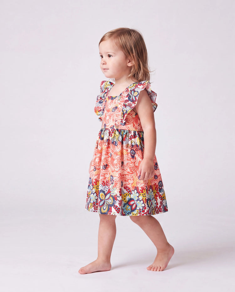 Toddler/Kid Girl Floral Print Flutter Sleeveless Dress Orange red