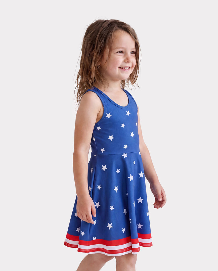 Robe sans manches décontractée pour tout-petites filles, imprimé patriotique cerise/étoile, bleu foncé