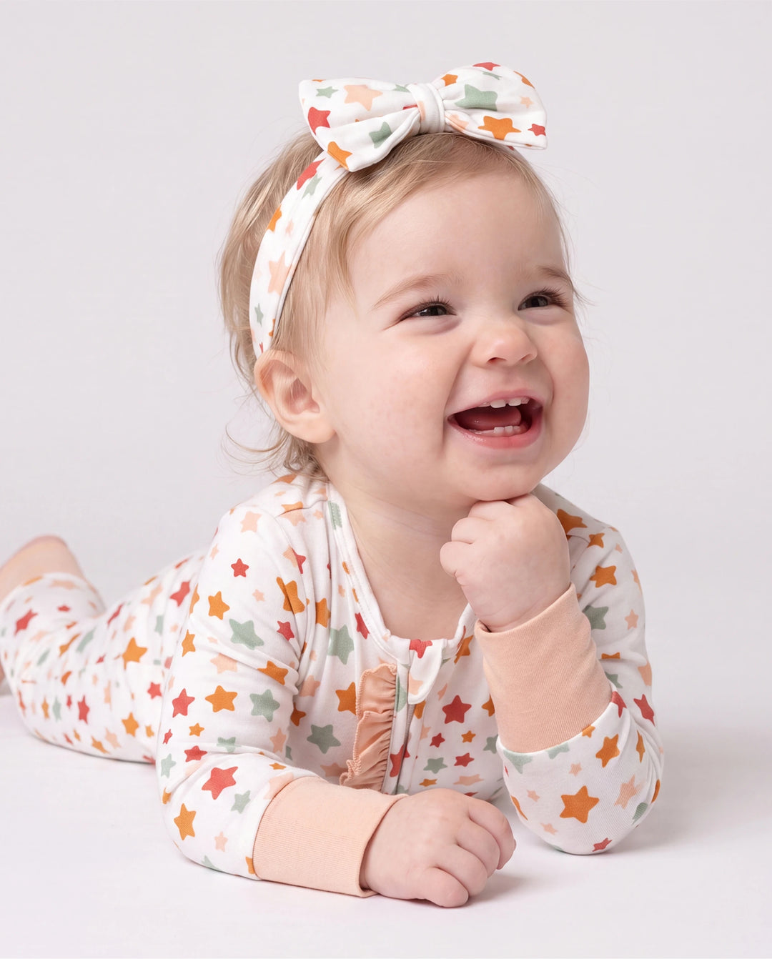 Footie de bambú para bebé niño/niña con estampado de animales, cremallera bidireccional, antideslizante, de manga larga y con banda para el pelo, color albaricoque