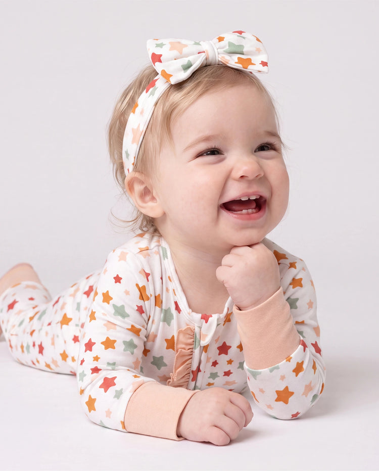 Footie de bambú para bebé niño/niña con estampado de animales, cremallera bidireccional, antideslizante, de manga larga y con banda para el pelo, color albaricoque