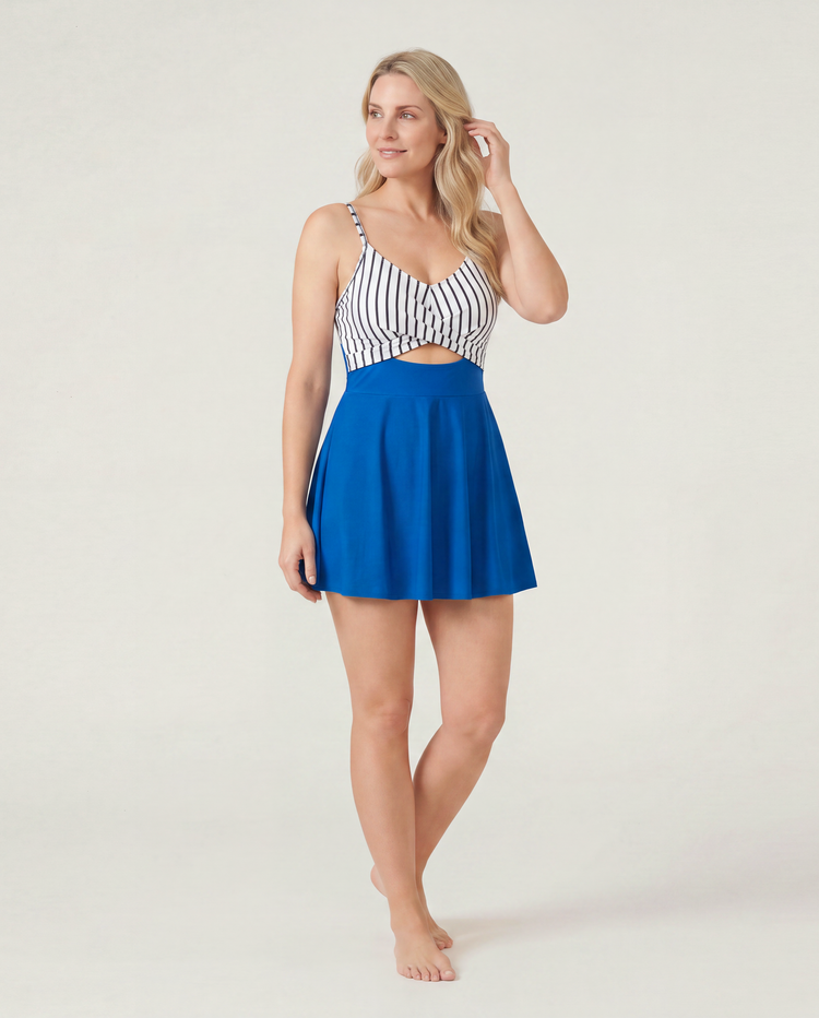 Passender Familien-Badeanzug Colorblock-Badehose mit Kordelzug oder gestreifter blauer gespleißter Tankini mit Kreuz vorne, Binderücken und dünnen Trägern Farbblock