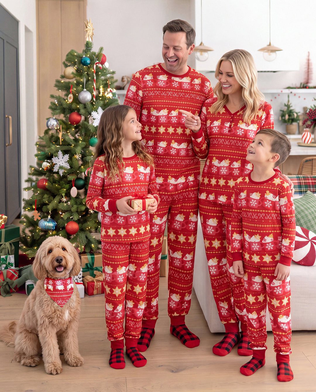 Pyjamas de Noël assortis pour la famille, imprimé motif Fair Isle et mug, rouge