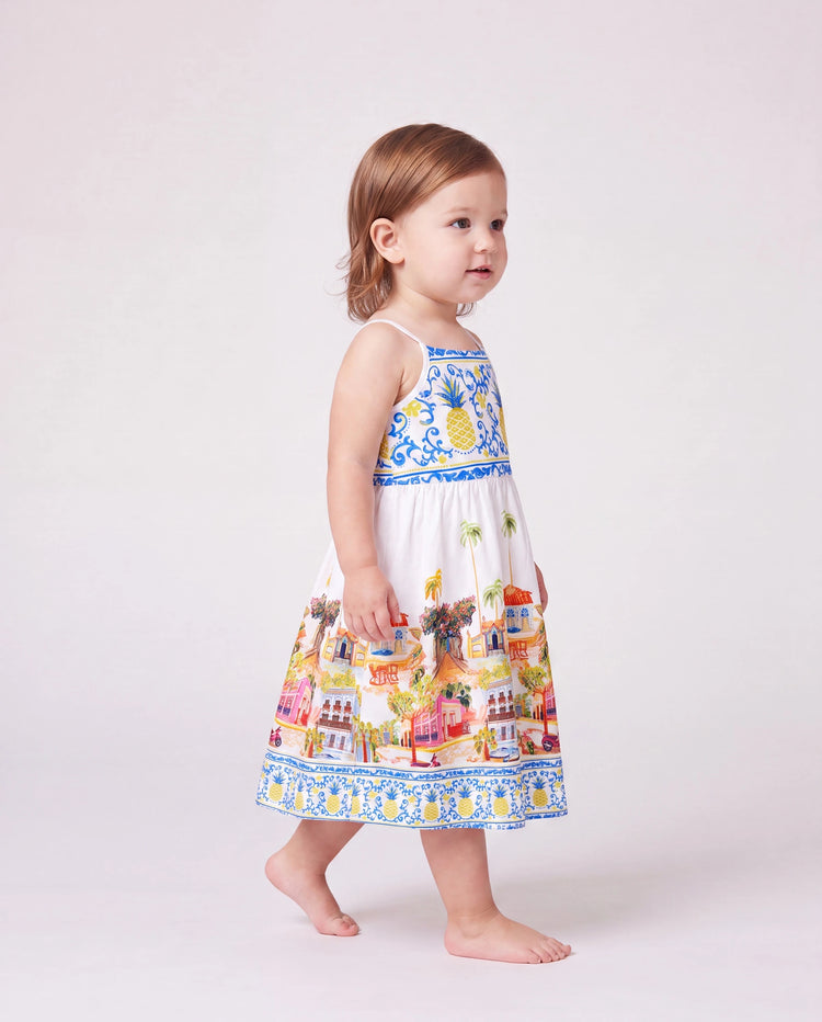 Toddler/Kid Girl Vacation Tropical Pineapple Coconut Tree Print Hollow out Strap Dress for Summer Vacation  White