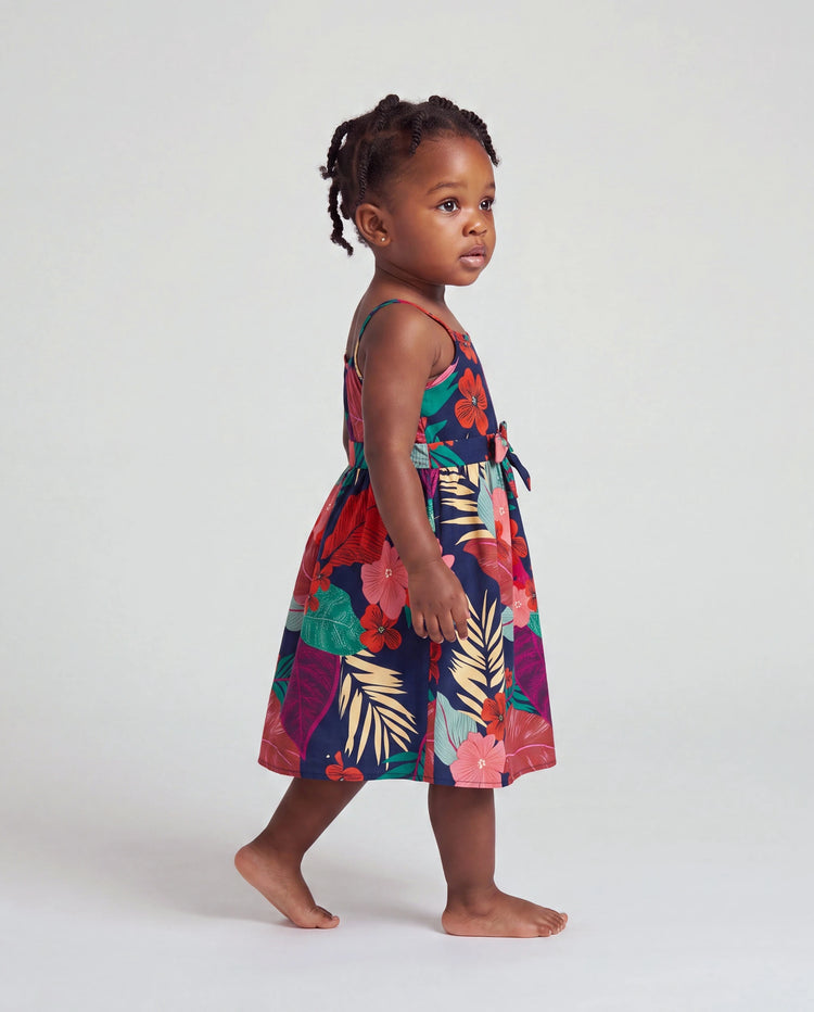 Toddler/Kid Girl Sets Floral V-neck Strap Dress with Hidden Snap Deep Blue