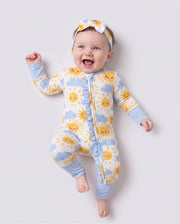 Bamboo Baby Boy/Girl Animal Printed 2-Way Zipper Anti Slip Long-sleeve Footie with/without Hairband Light Blue