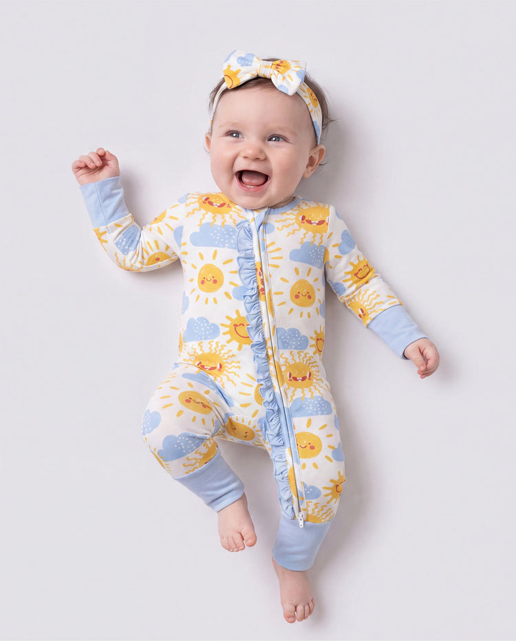 Bamboo Baby Boy/Girl Animal Printed 2-Way Zipper Anti Slip Long-sleeve Footie with/without Hairband Light Blue