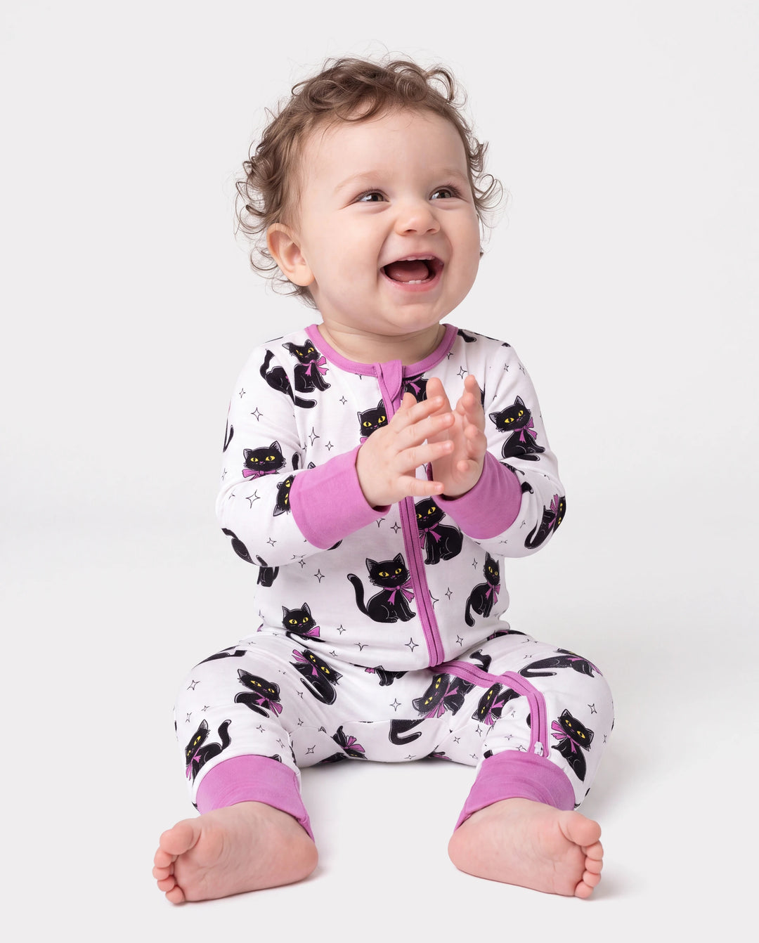 Pijamas de bambú para bebé niño/niña con estampado de dibujos animados y cremallera bidireccional Antideslizante de manga larga con pies Rosa púrpura