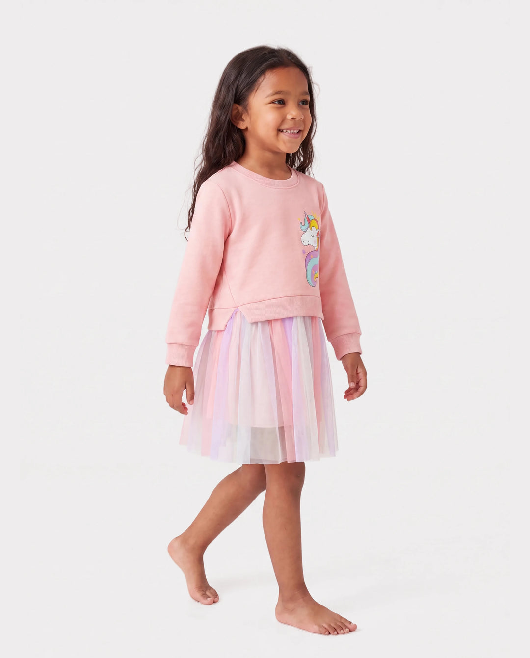 Toddler Girl Sweet Faux-two Unicorn Print Mesh Splice Fairy Dress Pink