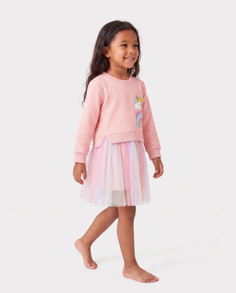 Toddler Girl Sweet Faux-two Unicorn Print Mesh Splice Fairy Dress Pink