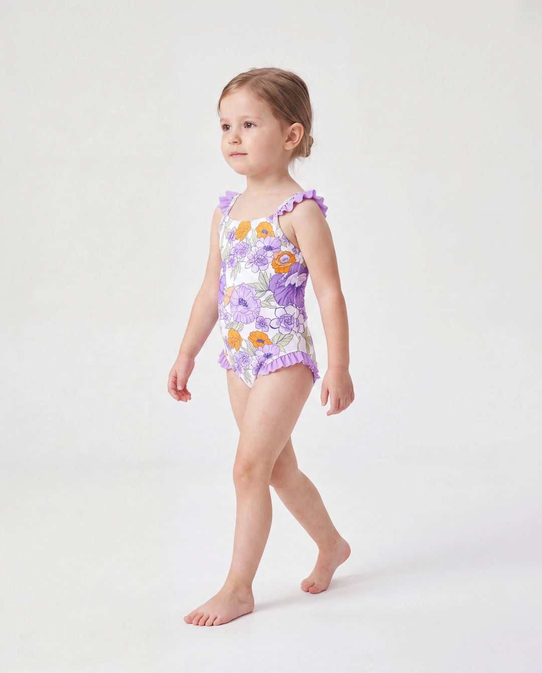Bañador de una pieza con volantes y estampado floral para niña pequeña Púrpura