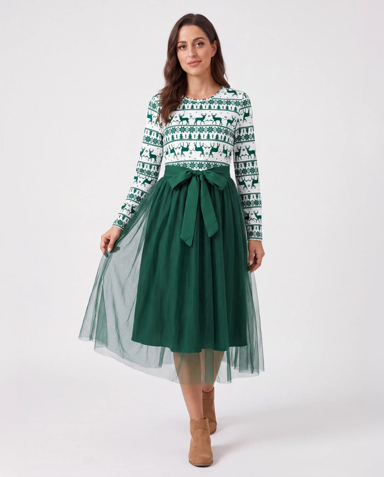 Ensembles de robes et hauts imprimés en maille assortis pour la famille, thème festival vert, Noël