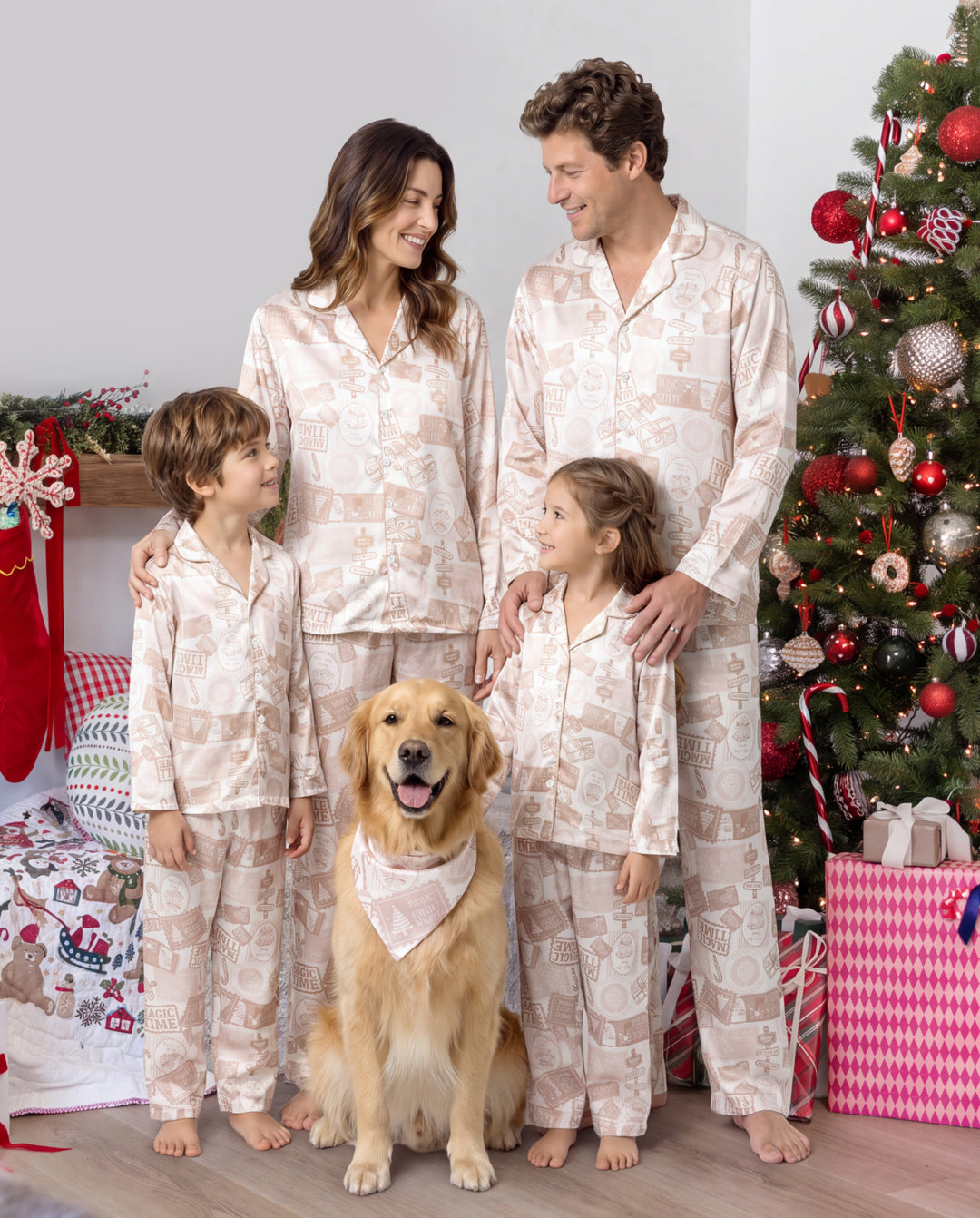 Christmas Matching Family Satin Pajamas Letters to Santa Cream