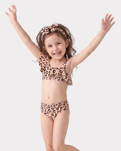 Maillot de bain 2 pièces à volants et imprimé léopard pour petite fille, 3 pièces, coloré