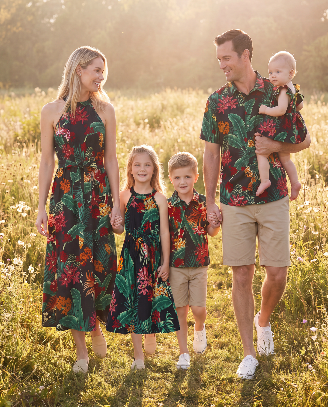 Family Matching Allover Plant Floral Print Halterneck Dresses and Short-sleeve Shirts Sets Black