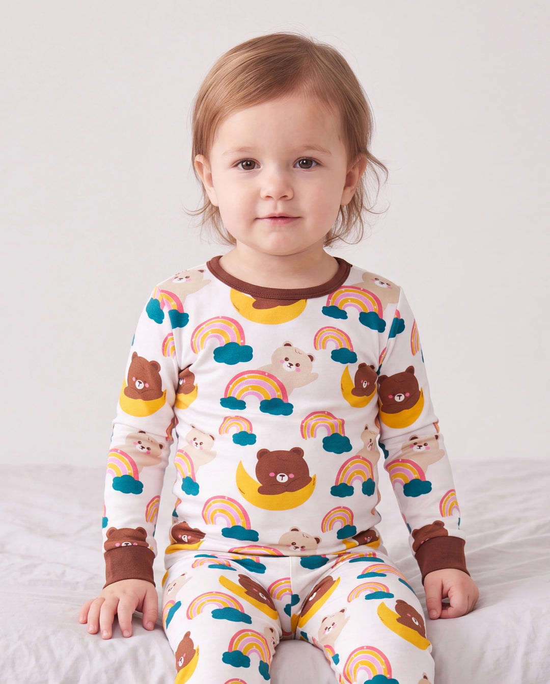 Ensemble Pyjama en Bambou 2 Pièces Imprimé Animal Enfantin Pyjama Ajusté pour Bébé/Tout-petit Marron