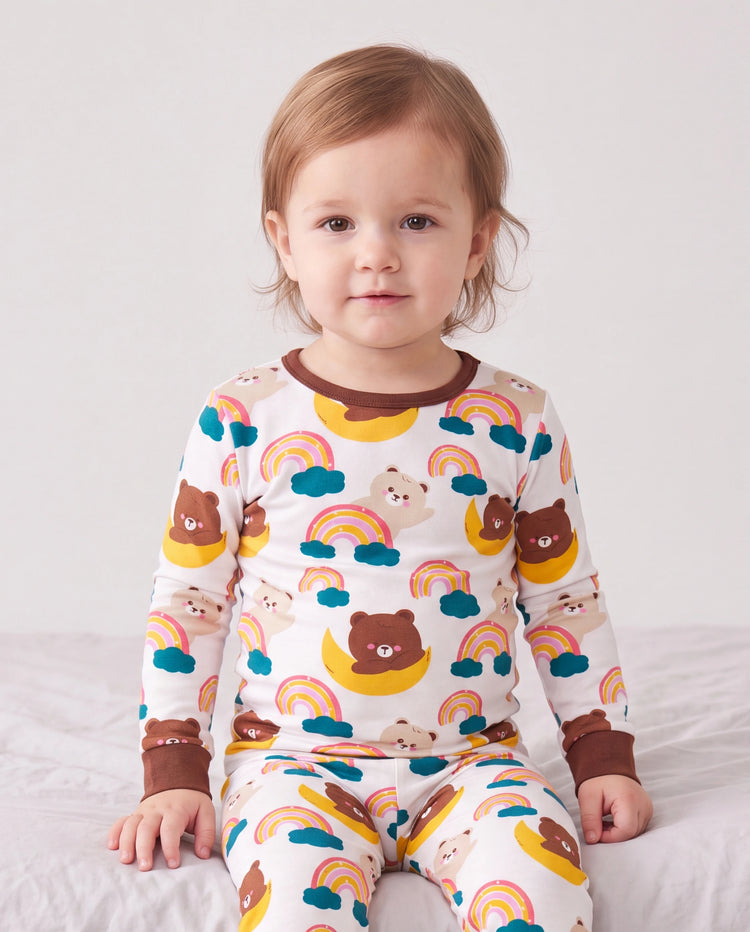 Ensemble Pyjama en Bambou 2 Pièces Imprimé Animal Enfantin Pyjama Ajusté pour Bébé/Tout-petit Marron