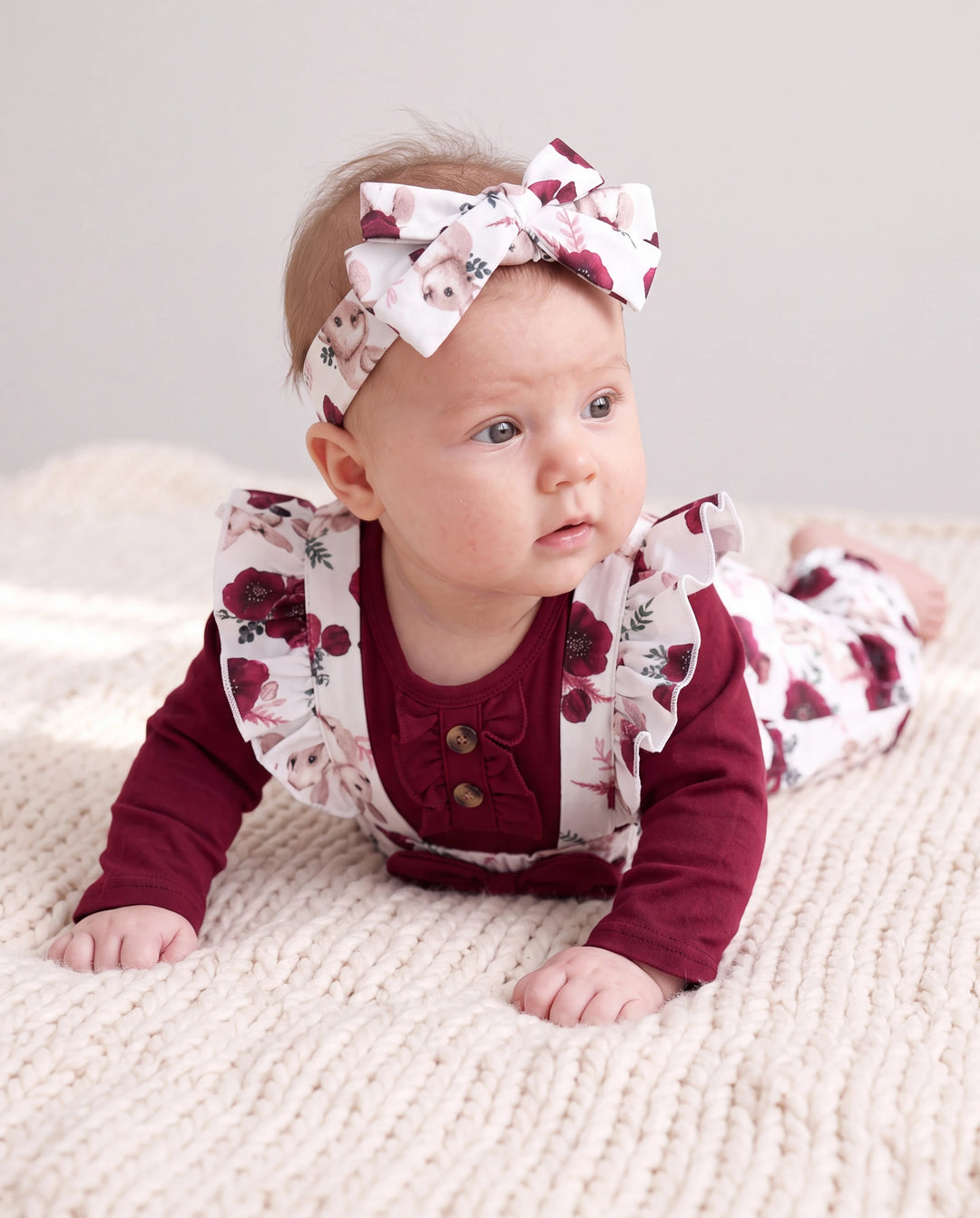 Baby Girl 3pcs Sweet Solid Romper and Floral Print Ruffled Overalls with Headband Set Burgundy