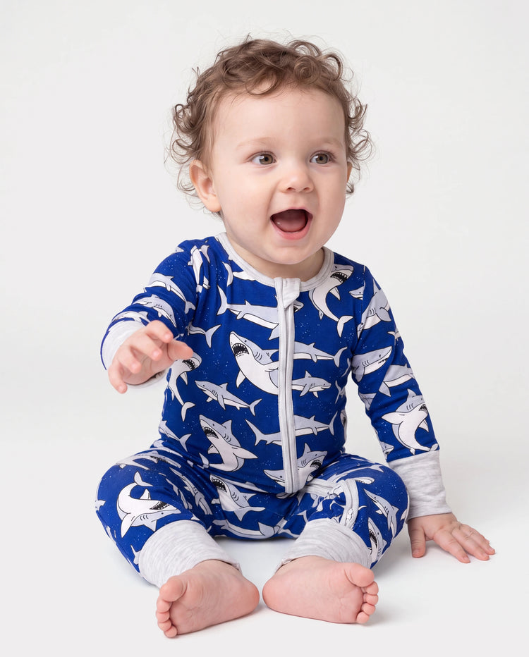 Bamboo Baby Boy/Girl Cartoon Printed 2-Way Zip Onesies Anti Slip Long-sleeve Footie Deep Blue