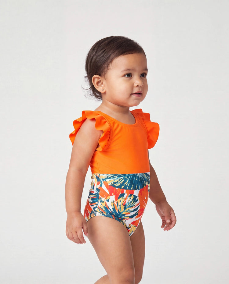 Toddler Girl Orange and All Over Tropical Plant Print Splicing Ruffle One-Piece Swimsuit Orange color