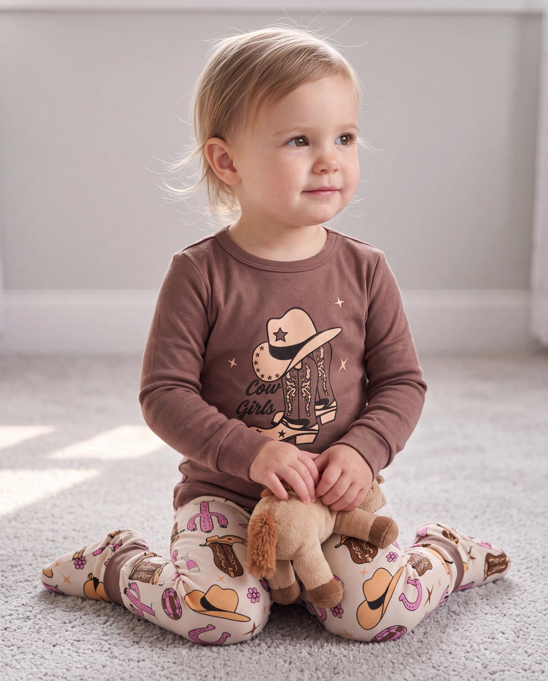 Toddler / Kids 4-piece Organic Cotton Pajamas 4-in 1 Snug fit PaJama Set for Girls Brown