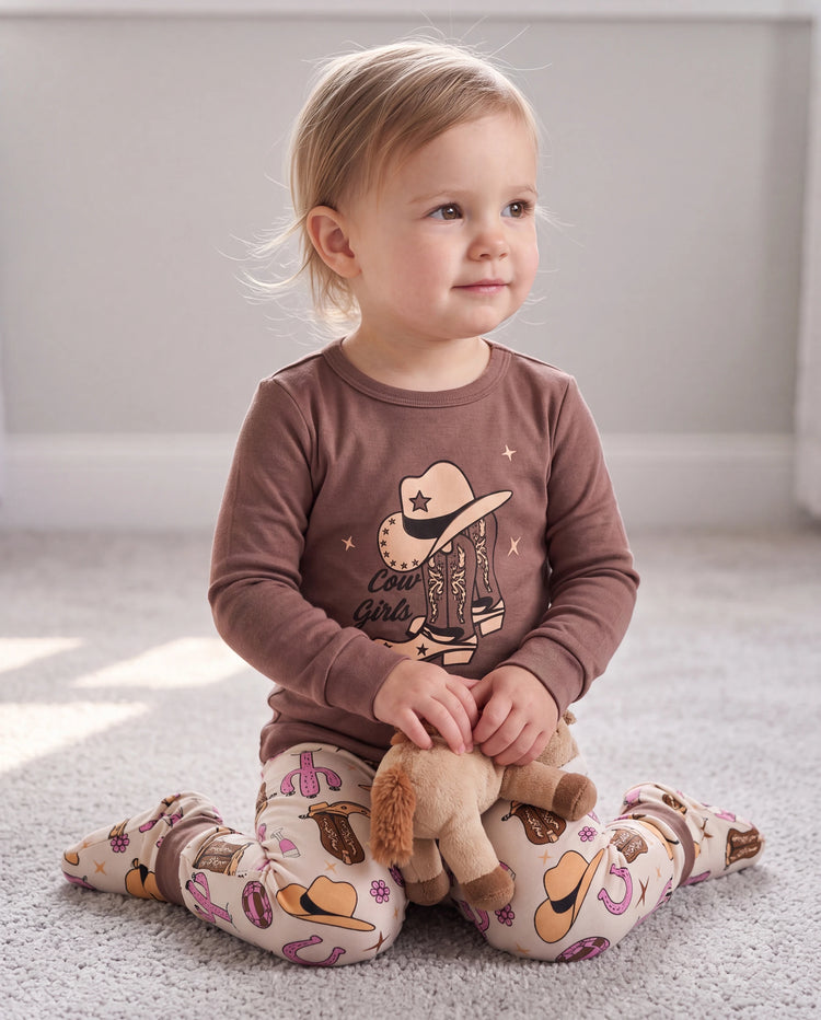 Toddler / Kids 4-piece Organic Cotton Pajamas 4-in 1 Snug fit PaJama Set for Girls Brown