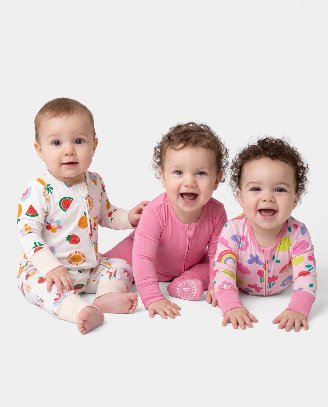 Bamboo Baby Boy / Girl 3-Pack Solid&Rainbow Printed 2-Way Zipper Anti Slip Long-sleeve Footie Pink