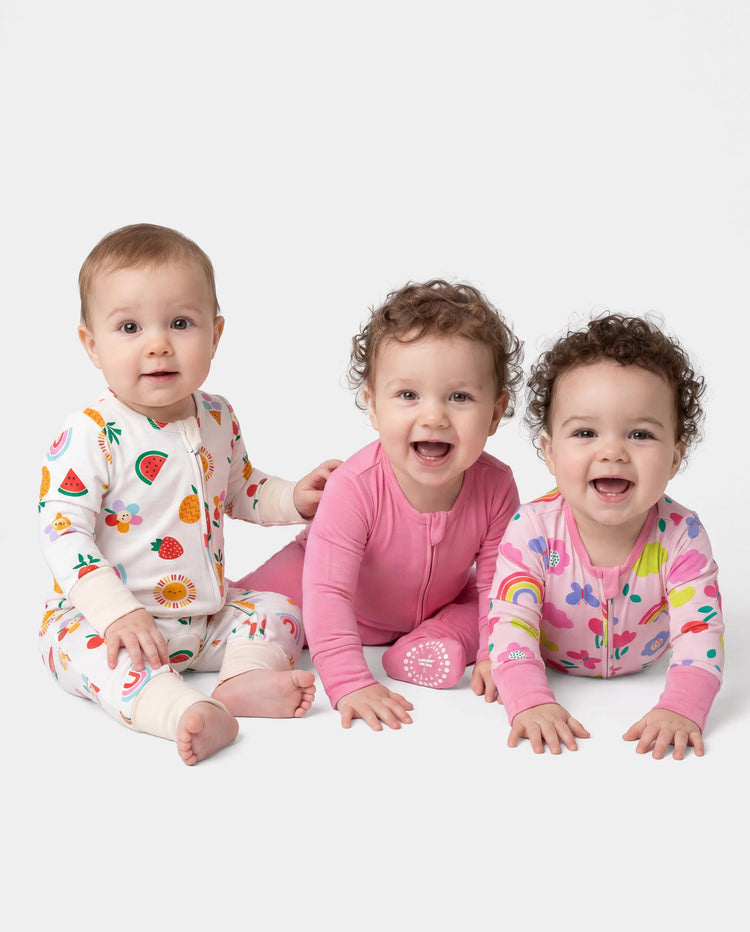 Bamboo Baby Boy / Girl 3-Pack Solid&Rainbow Printed 2-Way Zipper Anti Slip Long-sleeve Footie Pink