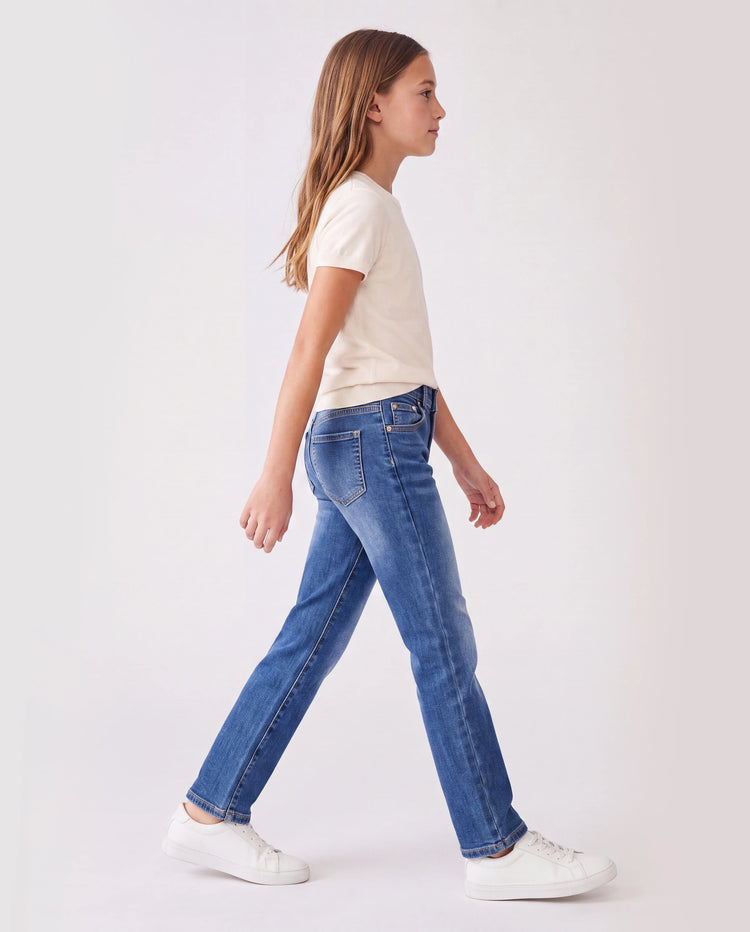 Kids Pull On Elastic Waist Denim Jeans Soft Stretch Comfortable Everyday Pants with Pockets Blue