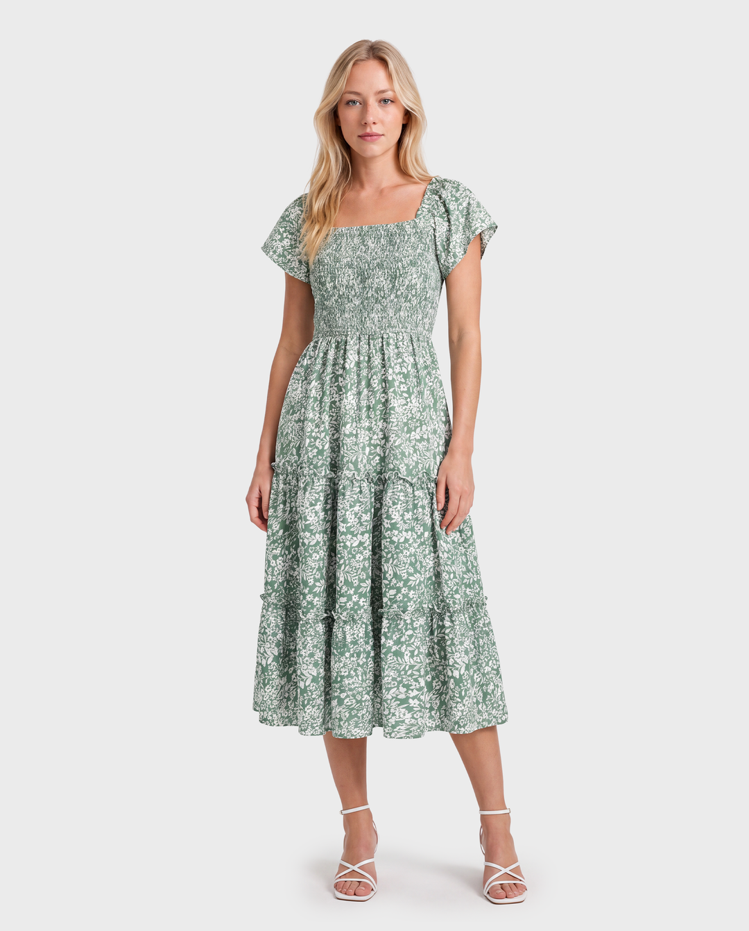 Elegante conjunto familiar de flores rotas, diseño fruncido, grosor medio, verde