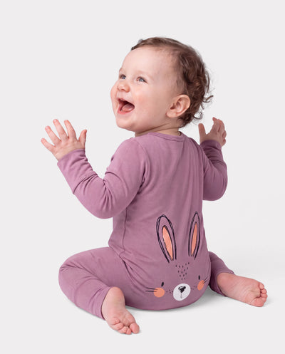 Grenouillère violette à motif animalier en bambou pour bébé garçon/fille, fermeture éclair double sens