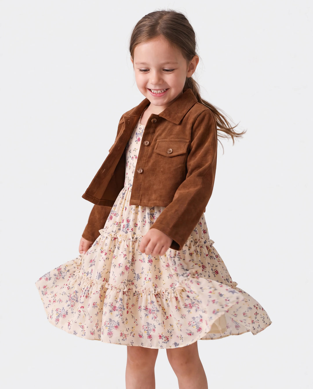 Kleinkind Mädchen 2pcs Reverskragen Jacke und florales Rüschenkleid Set khaki