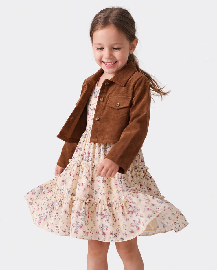 Kleinkind Mädchen 2pcs Reverskragen Jacke und florales Rüschenkleid Set khaki
