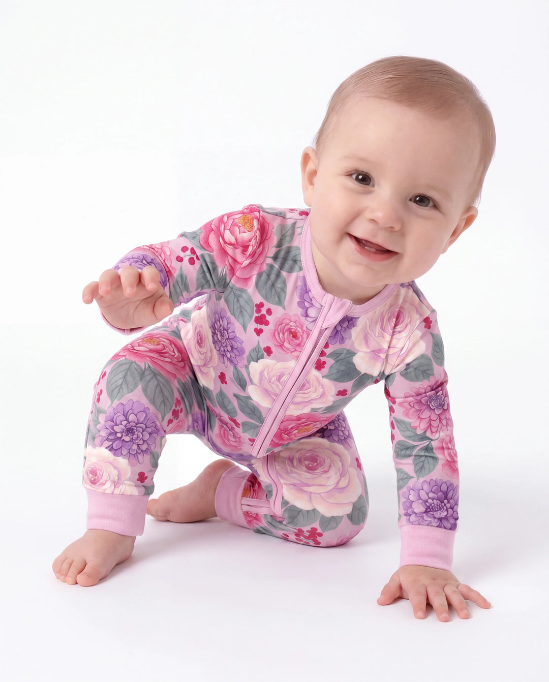 Bamboo Baby Neutral 1 Stück Blumenmischung Eng anliegender Reißverschluss Fußloser Schlafanzug Dunkelrosa