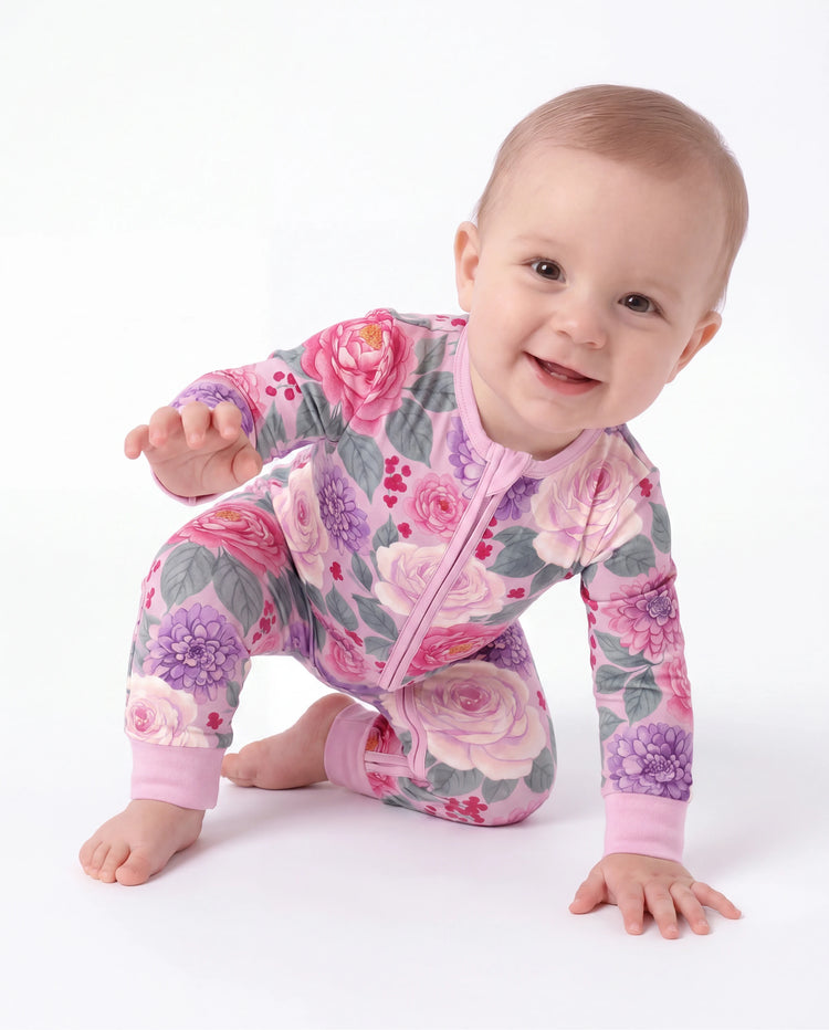 Bamboo Baby Neutral 1 Stück Blumenmischung Eng anliegender Reißverschluss Fußloser Schlafanzug Dunkelrosa