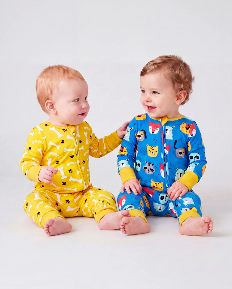 Lot de 2 grenouillères en bambou pour bébé garçon/fille à manches longues avec fermeture éclair 2 voies et pieds antidérapants imprimé animaux ou plantes naturel Jaune