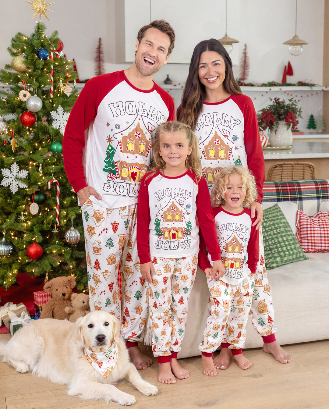 Weihnachts-Pyjamas im Familien-Partnerlook, Lebkuchenhaus- und Weihnachtsbaum-Print, Rot