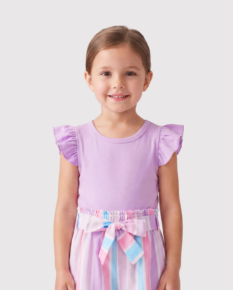 2pcs Toddler Girl Sweet Flutter-sleeve Tee and Stripe Belted Shorts Set Light Purple