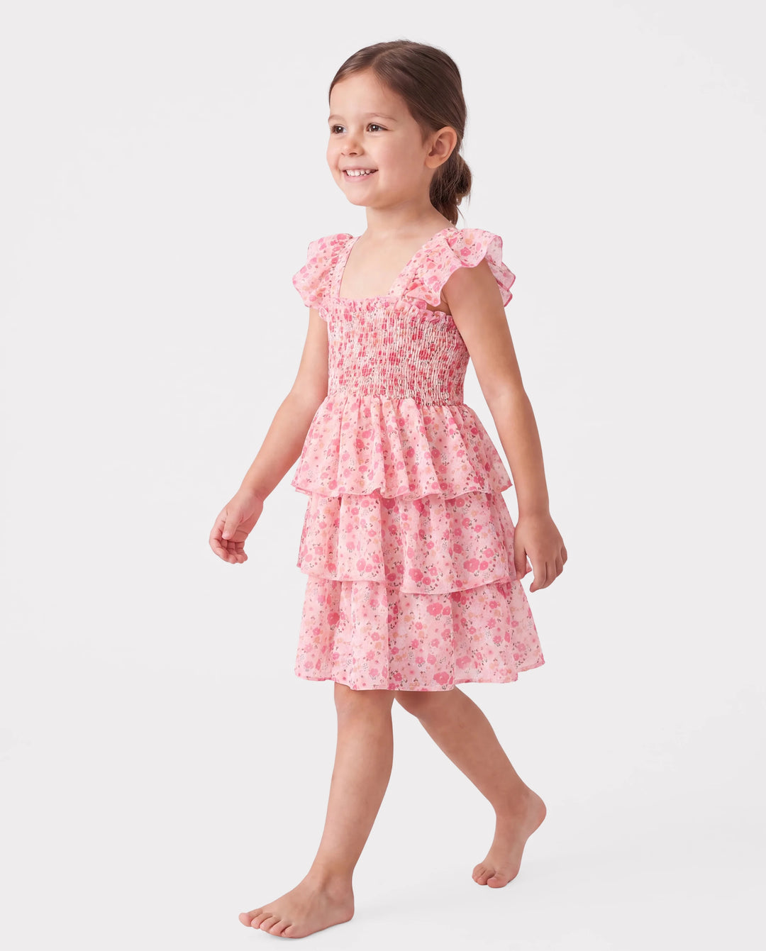 Kleinkind Mädchen süßes gesmoktes ärmelloses Kleid mit Blumendruck rosa