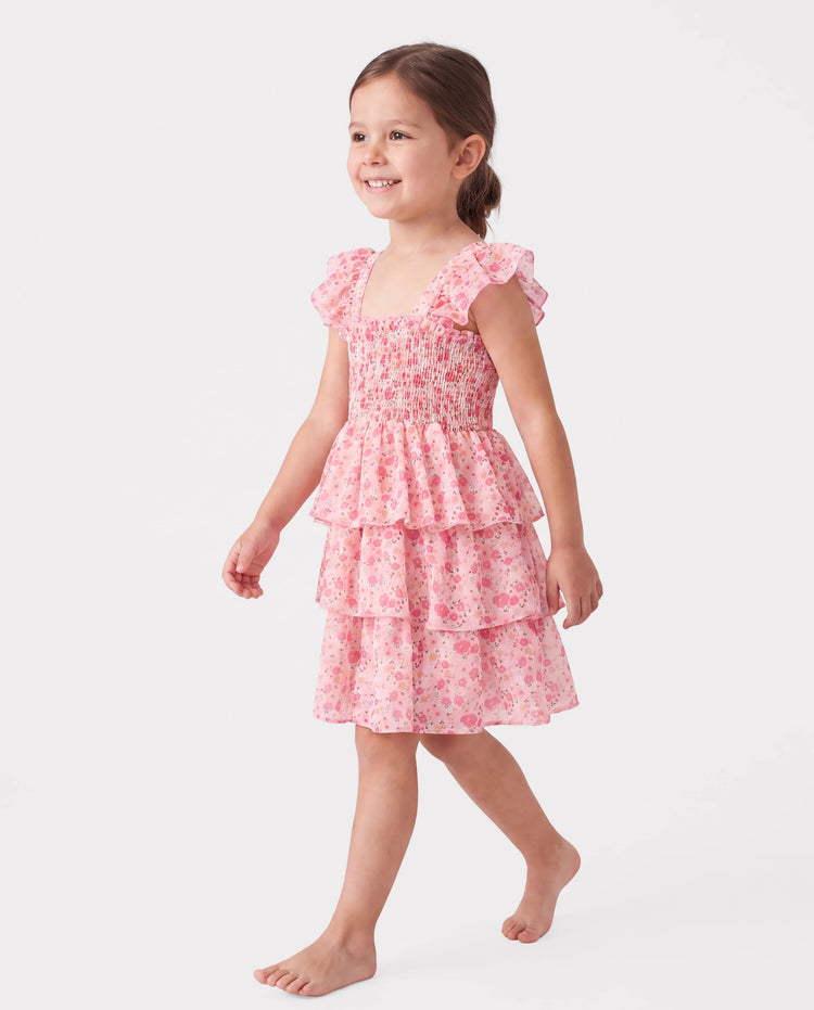 Robe à volants et smocks sans manches à imprimé floral pour petite fille, rose