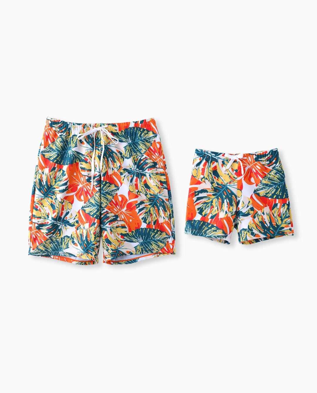 Daddy & Daughter Orange and All Over Tropical Plant Print Splicing Ruffle One-Piece Swimsuit and Swim Trunks Shorts Orange color