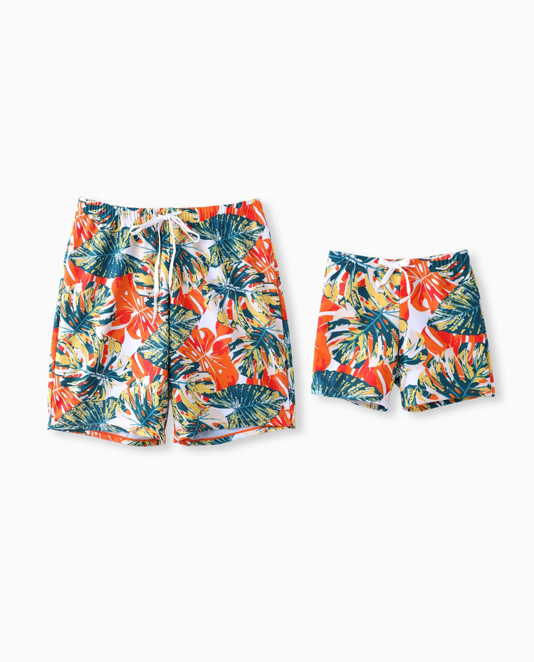 Daddy & Daughter Orange and All Over Tropical Plant Print Splicing Ruffle One-Piece Swimsuit and Swim Trunks Shorts Orange color