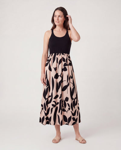 Family Matching Cross Back Floral Strap Dress and Colorblock Top Sets Black
