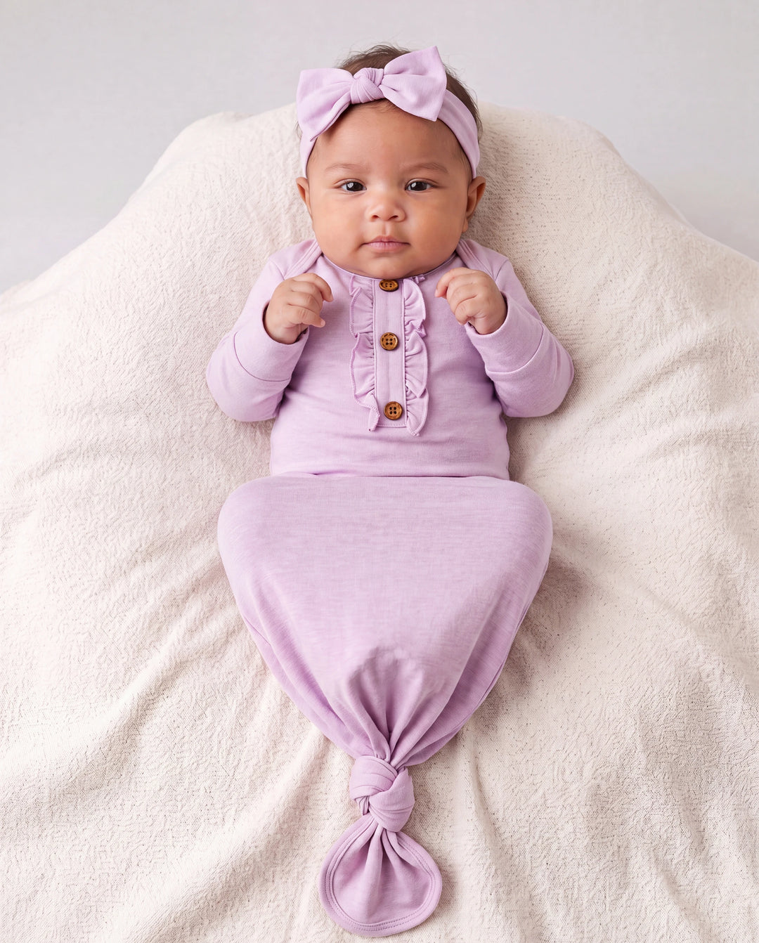 Gigoteuse en laine pour bébé fille avec bandeau rose