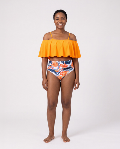 Maillots de bain assortis famille ensemble bikini floral tropical avec haut à volants pour maman et fille, shorts de bain pour papa et fils, tenues d'été éclatantes Orange