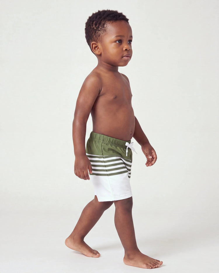Bañador corto para niño pequeño con bloques de color y rayas en verde militar